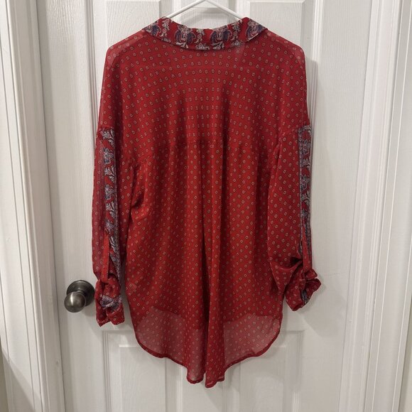 Free People Womens Easy Rider Red Combo Button Down Blouse Sz L Sheer Floral - Picture 4 of 10